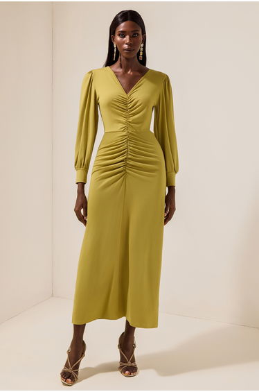 Solid Ruched V-Neck Dress