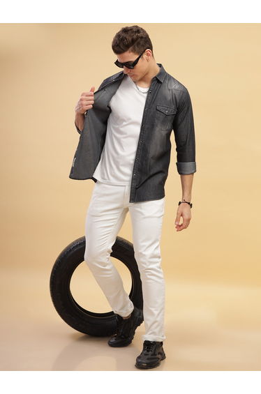 Men Black Faded Denim Shirt with Pocket