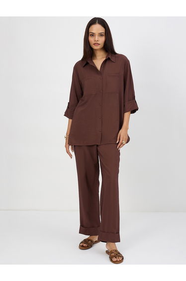 Women Coffee Brown Dual Pocket Shirt with Trousers Co-Ords