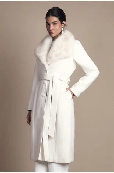 Fur Collar Occasion Belted Midi Coat