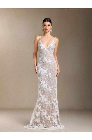Thea Sling V-neck Sequins Lace maxi wedding dress
