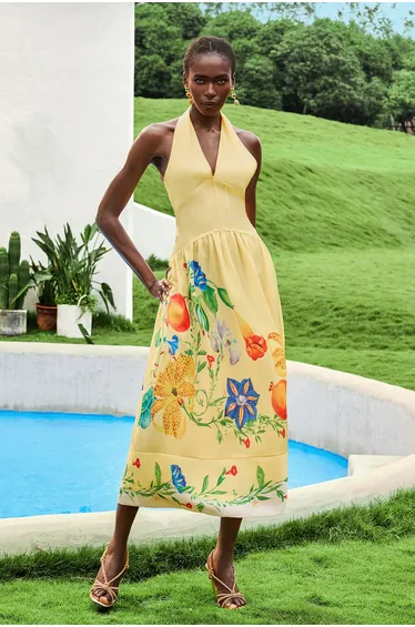 فستان بظهر مكشوف بياقة V بطبعة أزهار