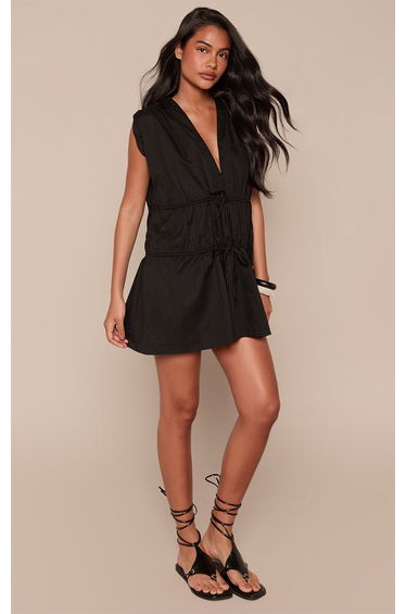 Black Cotton Poplin Tie Front Shift Dress