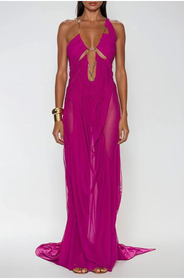 Davis Plunge Chain Asymmetric Maxi Dress In Hot Pink