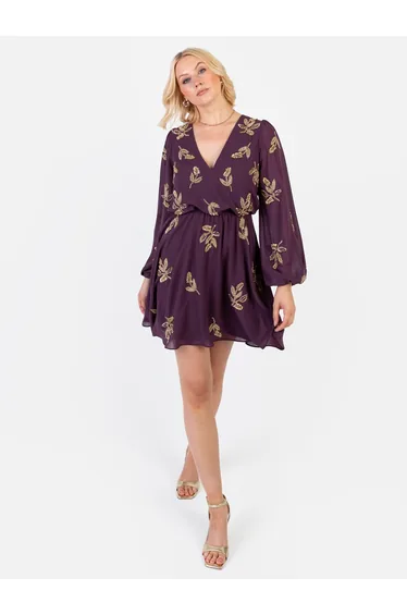 Maya Berry Embellished Long Sleeve V Neck Mini Dress