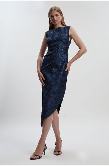 Floral Textured Jacquard Asymmetric Pencil Dress