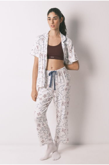 White cotton bird print classic pyjamas