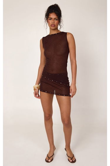Chocolate Stud Detail Sheer Knit Mini Skirt