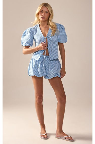Blue Gingham Puffball Shorts