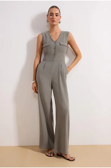Khaki Wide Leg Buttoned Sleeveless Woven Jumpsuit