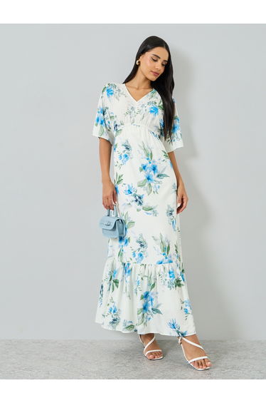 Floral Print Short Sleeve A-Line Maxi Dress