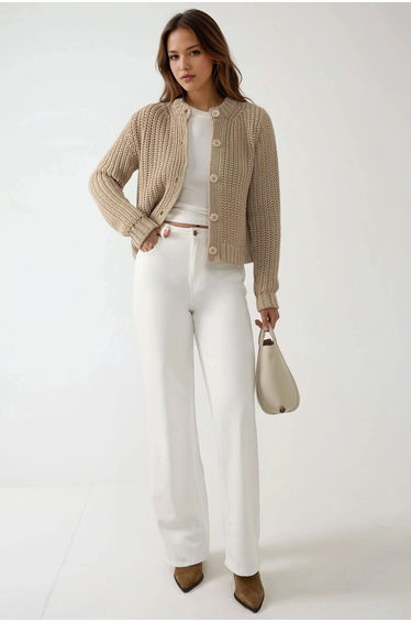 Textured Knitwear Crew Neck Long Cardigan