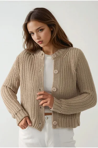 كارديغان هيكوب قطن بيج محبوك بأكمام طويلة