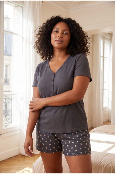 Black-Multicolor Floral Pointel Knitted Plus Size Pajama Set