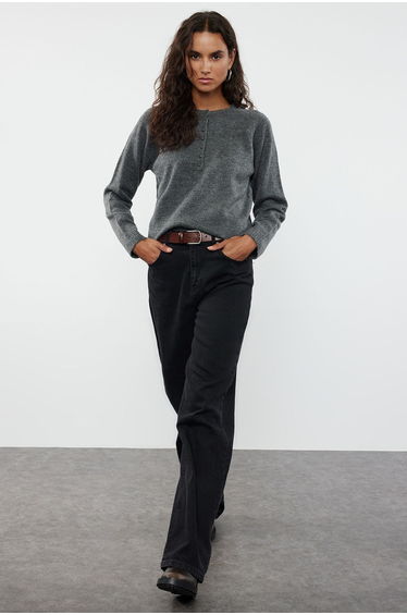 Anthracite Button Detailed Knitwear Sweater