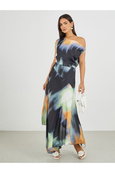 Abstract Print Draped Asymmetric A-Line Maxi Dress