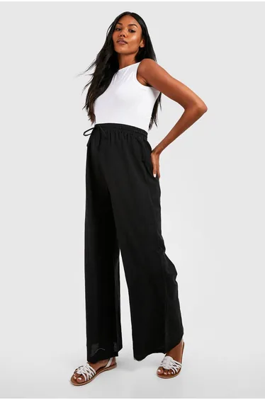 بنطلون كتان بأرجل عريضة برباط شد لون أسود - للحوامل