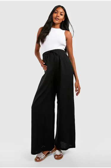 بنطلون كتان بأرجل عريضة برباط شد لون أسود - للحوامل