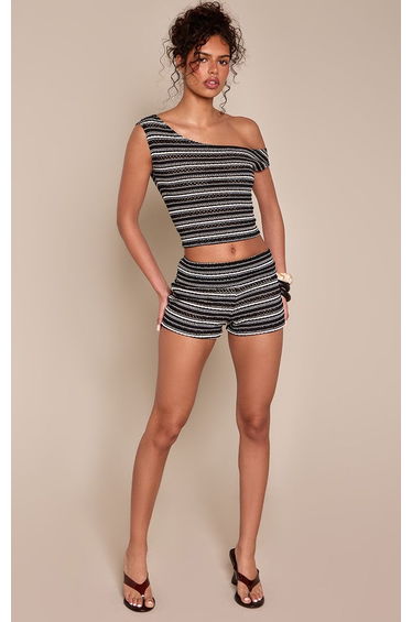 Black Textured Stripe Off Shoulder Top Co-ord