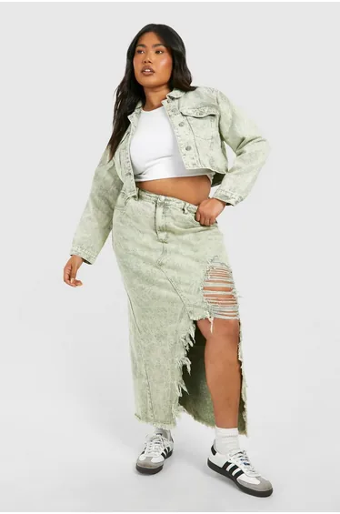 Plus Washed Khaki Acid Wash Distressed Denim Maxi Skirt - washed khaki