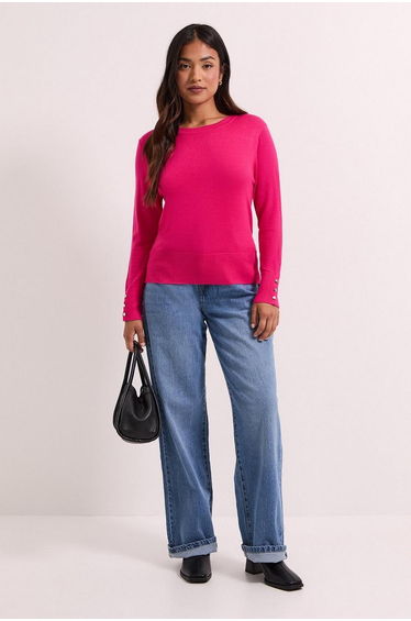Petite Pink Crew Neck Button Cuff Jumper