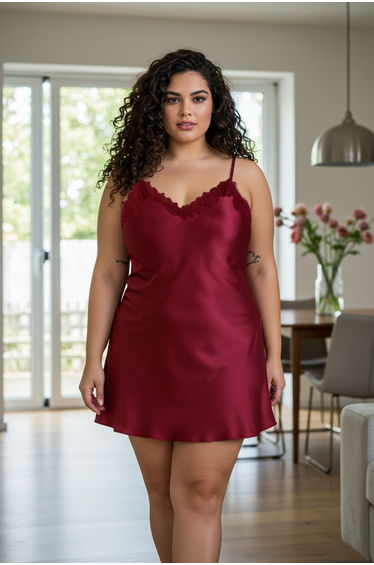 Burgundy Lace Satin Woven Nightgown
