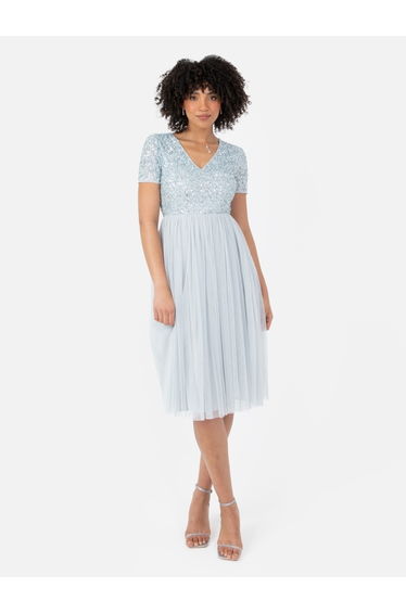 Maya Soft Blue V Neckline Embellished Midi Dress