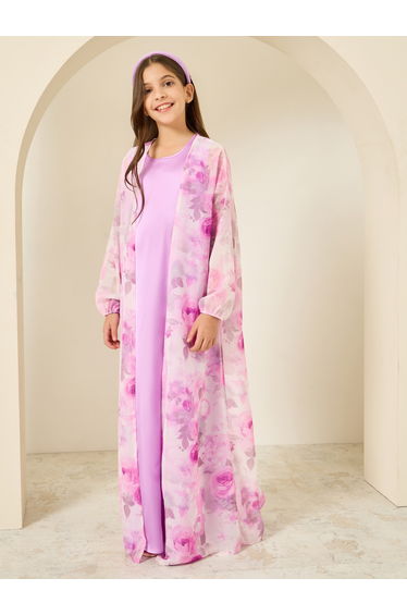 Girls Lilac Printed Abaya with Inner Dress