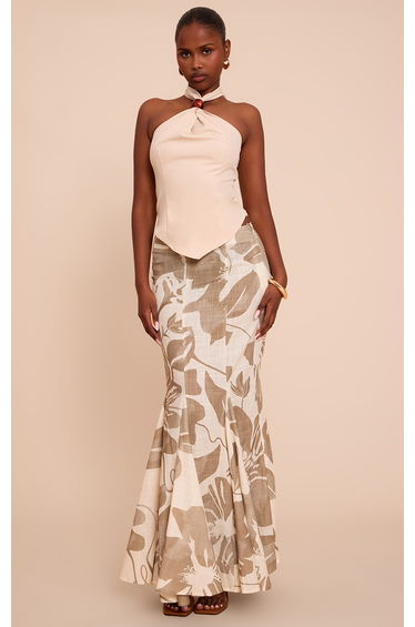 Sage Leaf Print Linen Fishtail Low Rise Maxi Skirt