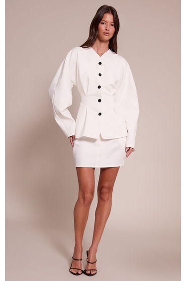 Cream Cinched Waist Button Up Blazer