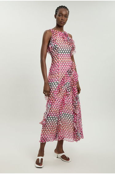 Crinkle Georgette Ruffle Detail Halter Neck Woven Maxi Dress