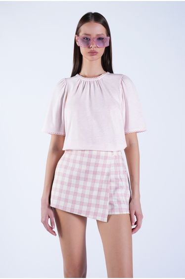 Women's Powder Color Crew Neck Blouse with Lace Detail on Sleeves and Collar