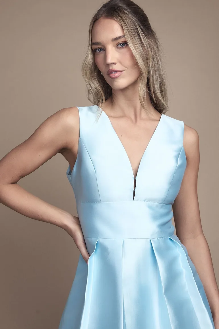 Plunge Neck Structured Twill Midi Dress - 2