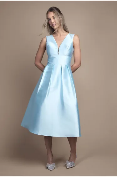 Plunge Neck Structured Twill Midi Dress