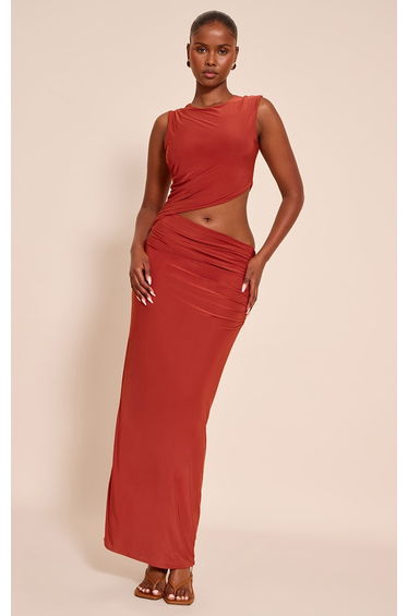 Orange Double Layer Slinky Cut Out Maxi Dress