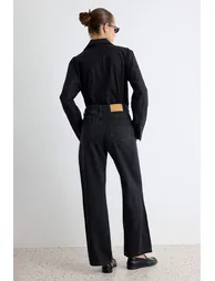Black Drapey High Waist Ankle Length Wide Leg Jeans - 5