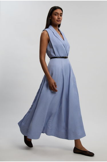 Premium Viscose Linen Tailored Belted Full Skirted Midi Dress