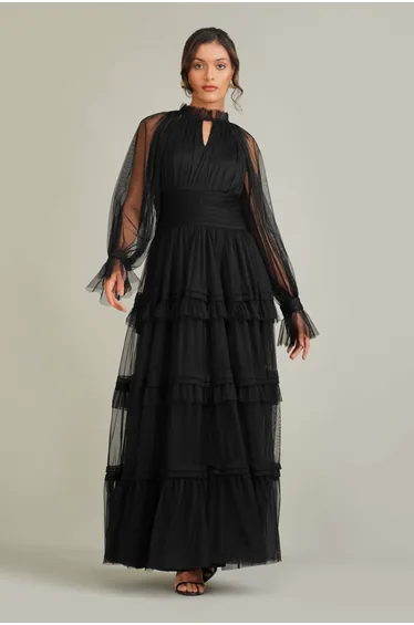 فستان ليس آند بيدز شيفون أسود طول الأرض على شكل حرف A بأكمام طويلة