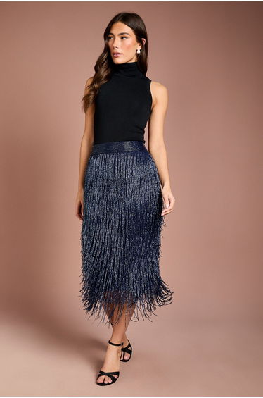 Fringe Embellished Midi Skirt