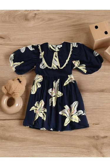 Floral Print Balloon Sleeves Knee-Length Dress