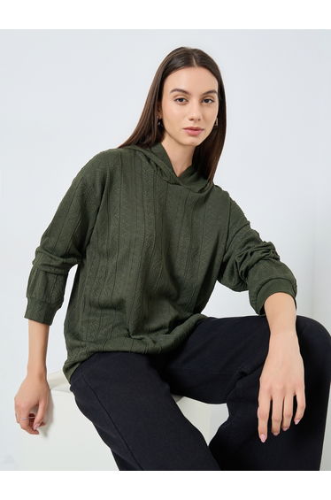 Dark Green Textured Hooded Top