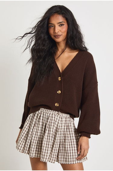 Balloon Sleeve Button Through Rib Cardigan - chocolate