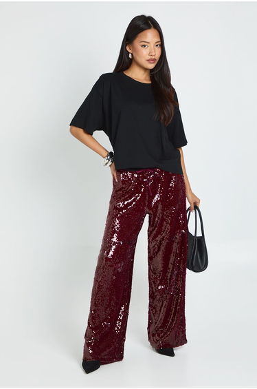 Petite Low Rise Drawcord Waistband Sequin Trouser - wine