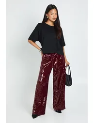 Petite Low Rise Drawcord Waistband Sequin Trouser - wine