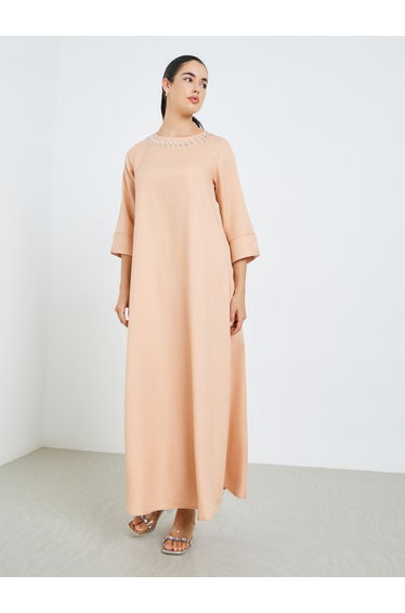 Women Linen Look Twill 3/4 Sleeve Jalabiya