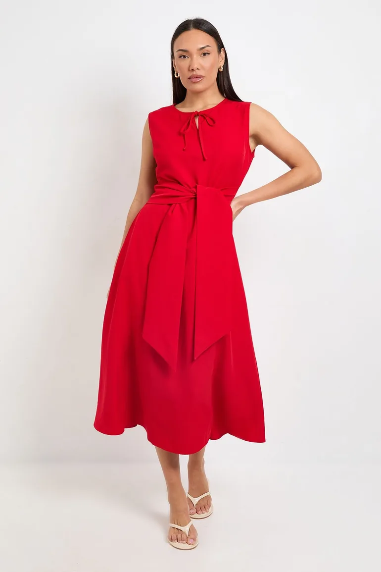 Formal Tie Front Belted Midi Dress