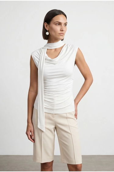 Dilvin Sleeveless Cowl Neck Jersey Blouse