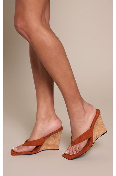 Rust Faux Suede Square Toe Thong Heeled Wedges