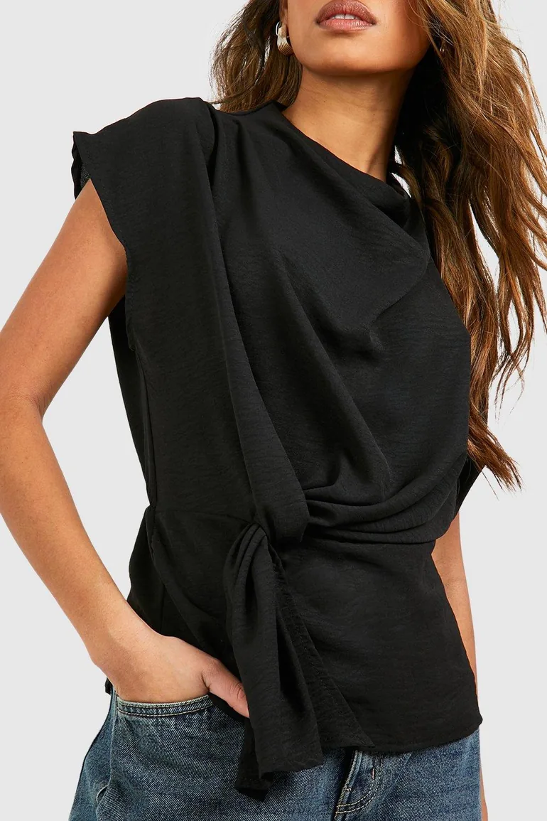 Hammered Knot Front Cowl Neck Blouse - 3