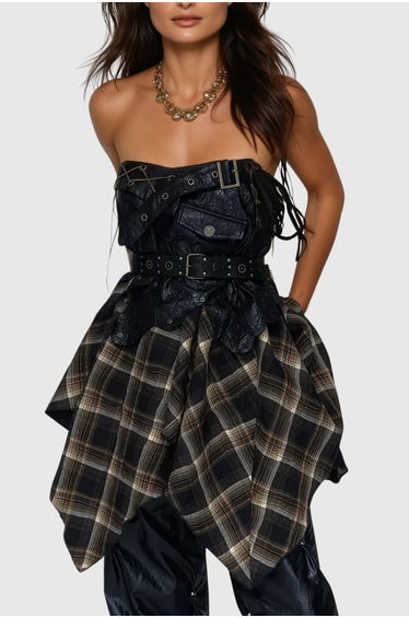 Beena Grid Asymmetric Buckle Lace Up Skirt